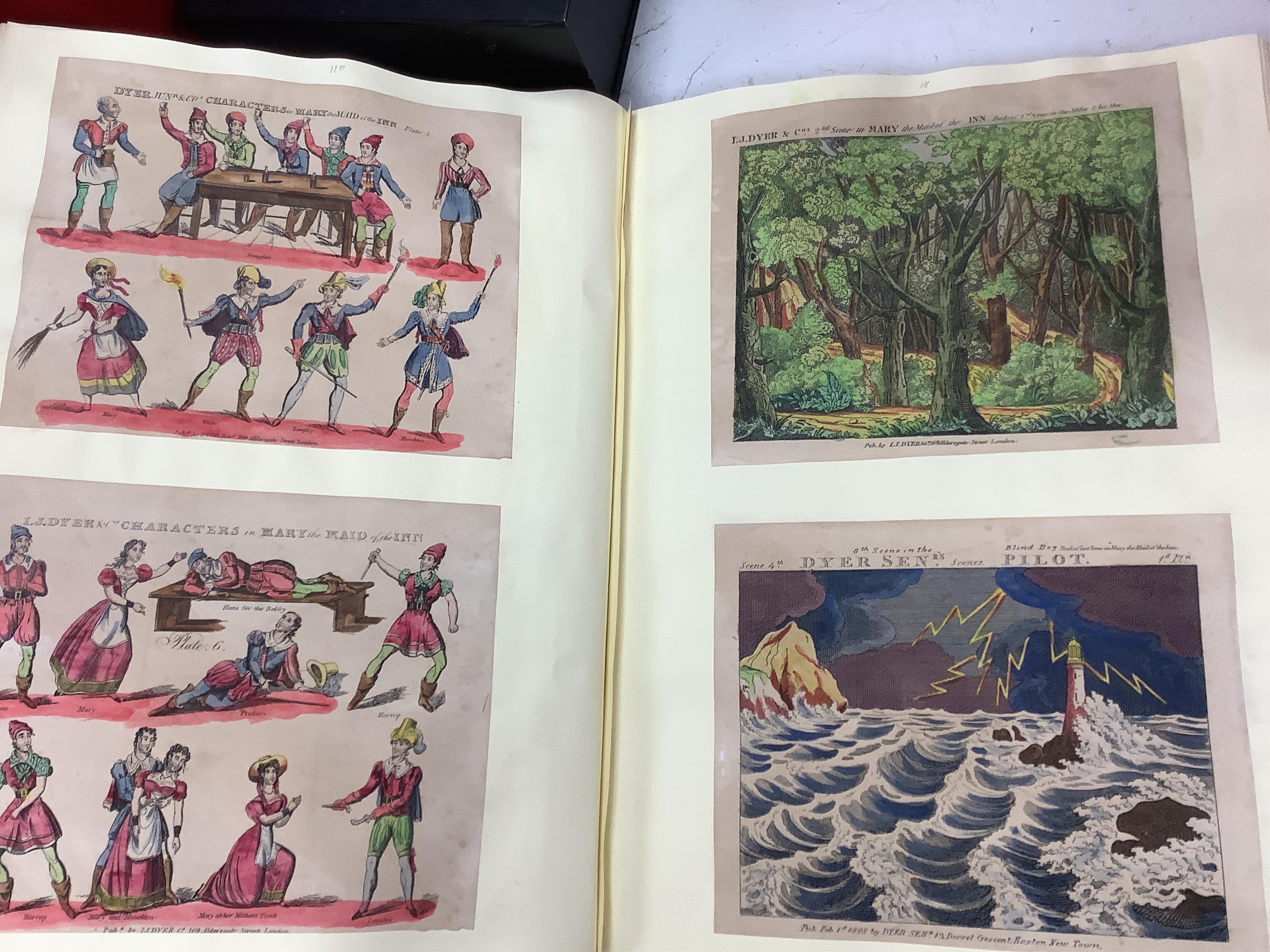 Juvenile dramas, toy theatre archive including Lloyd-Skelt, Dyer, hand coloured large scenes, characters, scenes portraits etc. pasted in six large albums